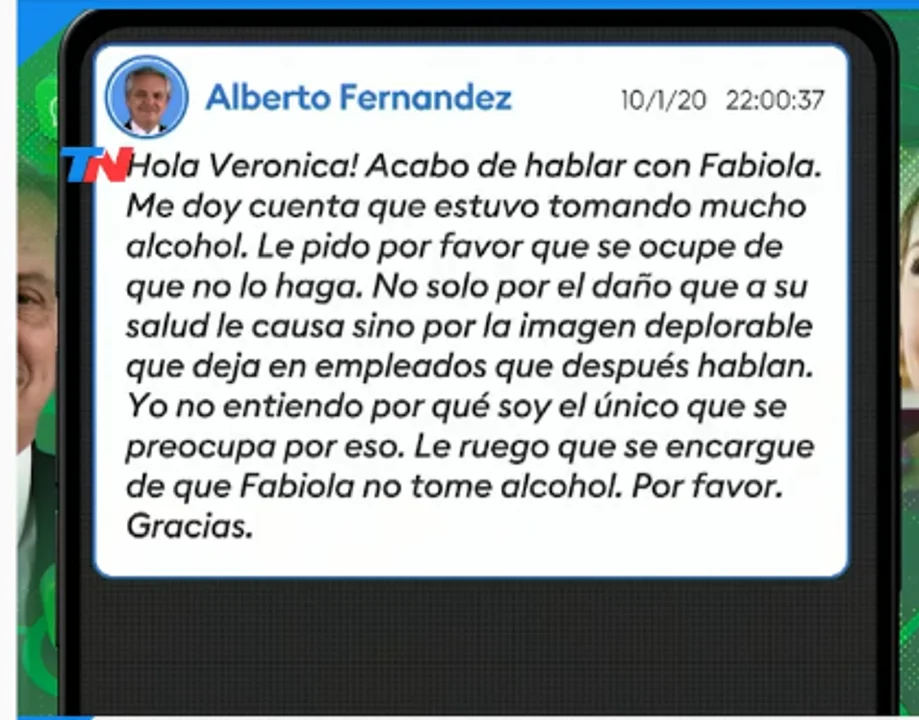 Fernández difunde chats con su ex suegra sobre el consumo de alcohol de Yañez